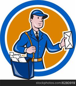 Illustration of a postman mailman delivery worker delivering parcel delivering letter mail set inside circle shape done in cartoon style.. Mailman Postman Delivery Worker Circle Cartoon