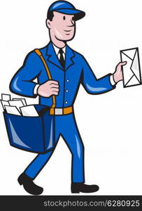 Illustration of a postman mailman delivery worker delivering parcel delivering letter mail set on isolated background done in cartoon style.. Mailman Postman Delivery Worker Isolated Cartoon