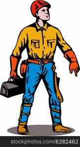 Illustration of a power lineman telephone repairman worker done in retro style.. Lineman Standing with Toolbox