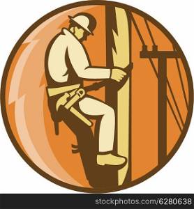 Illustration of a power lineman worker electrician climbing electricity utility post with lightning bolt set inside circle done in retro style.. Power Lineman Electrician Climbing Utility Post