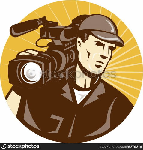 Illustration of a professional cameraman film crew with video movie camera camcorder viewed from front set inside circle with sunburst done in retro style.. Cameraman Film Crew Pro Video Movie Camera