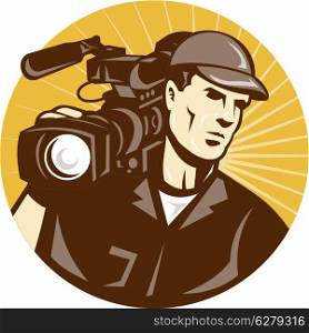 Illustration of a professional cameraman film crew with video movie camera camcorder viewed from front set inside circle with sunburst done in retro style.. Cameraman Film Crew Pro Video Movie Camera