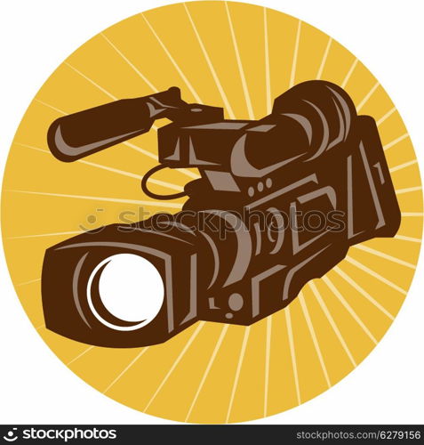 Illustration of a professional video camera camcorder recorder done in retro style set inside circle.. Professional Video Camera Camcorder Retro