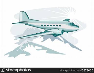 Illustration of a propeller airplane DC3 airliner on flight flying isolated background