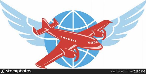 Illustration of a propeller airplane in flight with globe and pair of wings done in retro style.. Propeller Airplane Wings Globe Retro