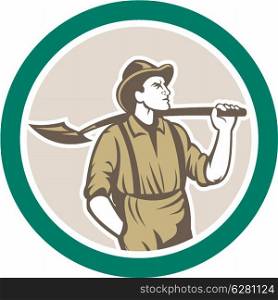 Illustration of a prospector miner wearing hat with shovel facing front set inside circle done in retro style on isolated background.. Prospector Miner With Shovel Circle Retro