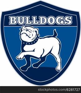 "illustration of a Proud English bulldog marching with words "bulldogs" in background set inside a shield suitable for any sports team mascot"