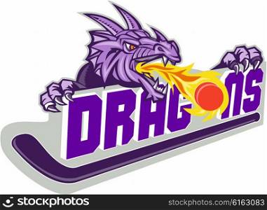 "Illustration of a purple dragon head breathing fire on puck with hockey stick and word "Dragons" on isolated white background."