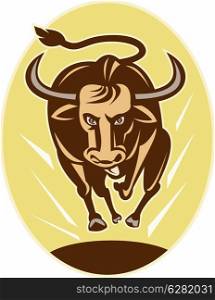 illustration of a Raging texas longhorn bull charging toward you. Raging texas longhorn bull charging