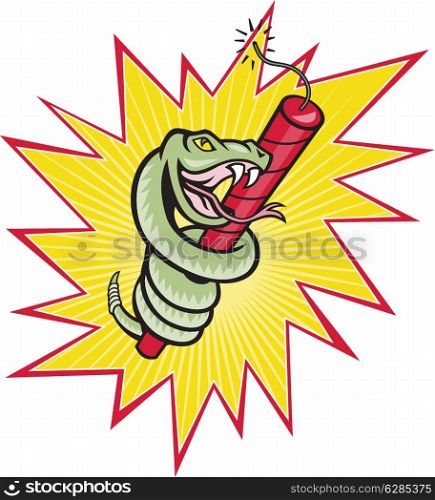 Illustration of a rattle snake coiling on dynamite stick about to explode done in cartoon style.