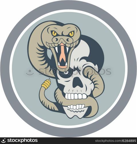 Illustration of a rattle snake viper serpent head facing front curling around skull set inside circle on isolated background done in cartoon style.. Rattle Snake Curling Around Skull Cartoon