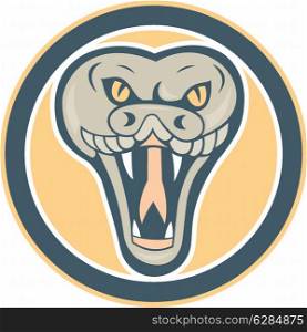Illustration of a rattle snake viper serpent head facing front set inside circle on isolated background done in retro style.. Rattle Snake Head Front Retro