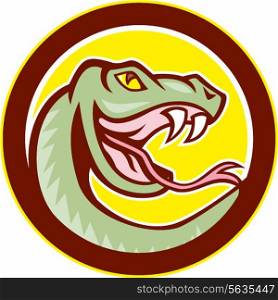 Illustration of a rattle snake viper serpent head facing side on isolated background set inside circle done in cartoon style.. Rattle Snake Head Circle Cartoon