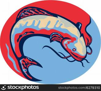 Illustration of a ray-finned fish catfish also known as mud cat, polliwogs or chucklehead jumping set inside oval done in retro style.