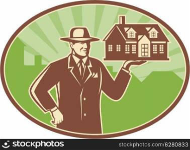 Illustration of a realtor real estate agent salesman holding a house for sale done in retro woodcut style set inside ellipse.. Realtor Real Estate Salesman House Retro