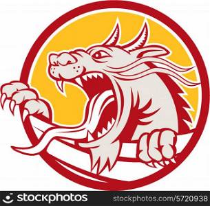 Illustration of a red chinese dragon head growling viewed from the side set inside circle on isolated background done in retro style. . Chinese Red Dragon Head Growling Circle Retro