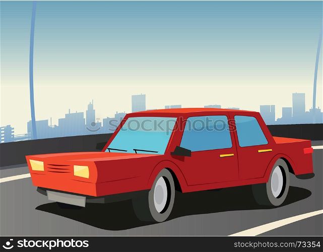 Illustration of a red domestic car on the urban highway. Red Car On City Highway