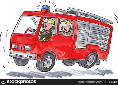Illustration of a red fire truck engine firefighting apparatus with fireman fire fighter emergency worker riding on isolated white background.. Red Fire Truck Fireman Caricature