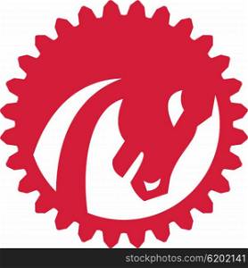 Illustration of a red horse head mane viewed from the side set inside circle and gear teeth shape on isolated white background done in retro style. . Angry Horse Head Gear Circle Retro