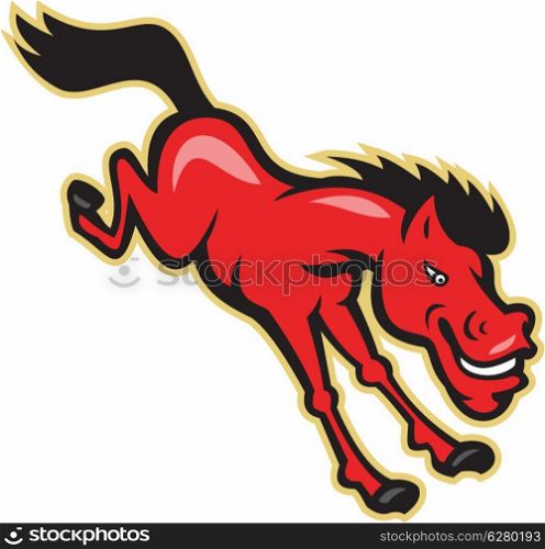Illustration of a red horse jumping over horseshoe on isolated white background done in cartoon style.. Red Horse Jumping Cartoon