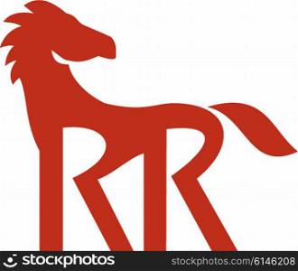 Illustration of a red horse silhouette with double R as its legs set on isolated background done in retro style. . Red Horse Silhoutte RR Legs Retro