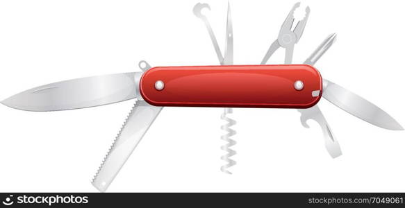 Illustration of a red swiss diy knife with multiple functions, including big and small blades, saw, screwdriver, pliers, fisher&rsquo;s hook and bottle opener. Swiss Knife For DIY