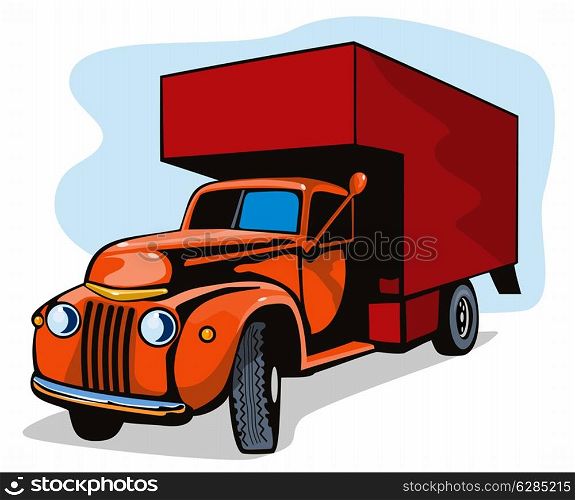 Illustration of a red vintage moving truck movers set on white background done in retro style. . Truck Movers Vintage Retro