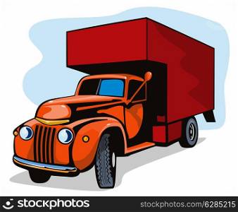 Illustration of a red vintage moving truck movers set on white background done in retro style. . Truck Movers Vintage Retro