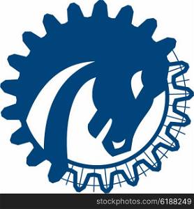 Illustration of a red war horse head side view set inside circle and gear teeth shape done in line drawing blue print on isolated white background.. War Horse Head Gear Blue Print Retro