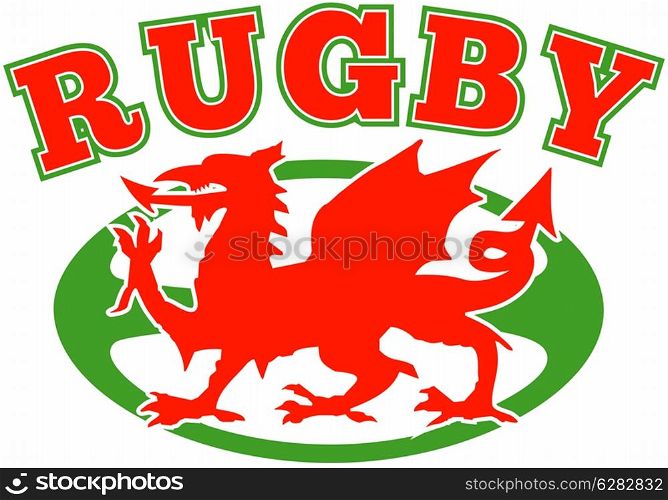 illustration of a red welsh wales dragon with rugby ball in background. rugby ball wales red welsh dragon