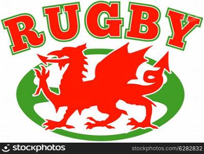 illustration of a red welsh wales dragon with rugby ball in background. rugby ball wales red welsh dragon