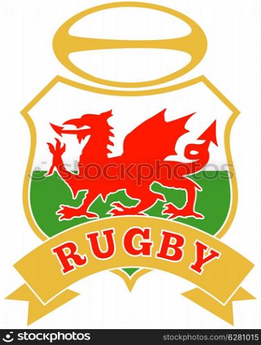 illustration of a red welsh wales dragon with rugby ball in shield on white background. rugby ball wales red welsh dragon shield