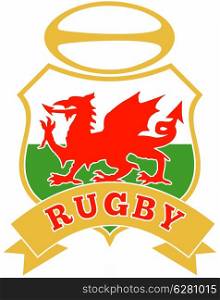 illustration of a red welsh wales dragon with rugby ball in shield on white background. rugby ball wales red welsh dragon shield