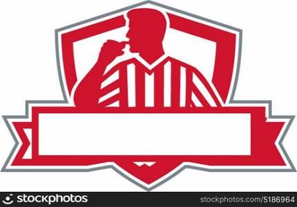 Illustration of a referee umpire official holding blowing whistle in mouth looking to the side viewed from front set inside shield crest with banner done in retro style. . Referee Umpire Official Whistle Side Crest Retro