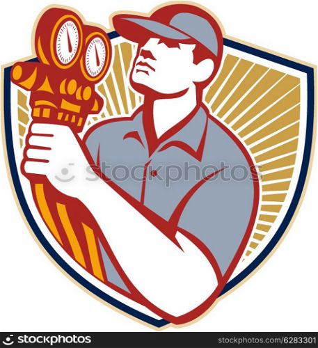 Illustration of a refrigeration and air conditioning mechanic holding a pressure temperature gauge front view set inside shield on isolated on white background done in retro style. Refrigeration Air Conditioning Mechanic Shield