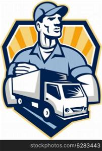 Illustration of a removal man delivery guy with moving truck van in the foreground set inside shield crest done in retro style.. Removal Man Delivery Truck Crest Retro