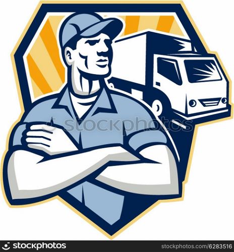 Illustration of a removal man delivery guy with moving truck van in the background set inside half circle done in retro style.. Removal Man Moving Delivery Van Crest Retro