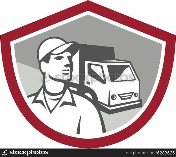 Illustration of a removal man delivery guy with moving truck van in the background set inside shield on isolated background done in retro style.. Removal Man Delivery Van Shield Retro