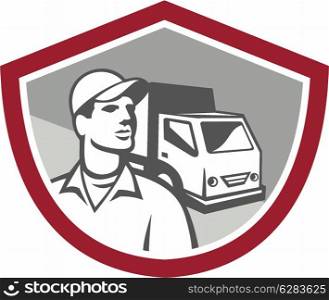 Illustration of a removal man delivery guy with moving truck van in the background set inside shield on isolated background done in retro style.. Removal Man Delivery Van Shield Retro