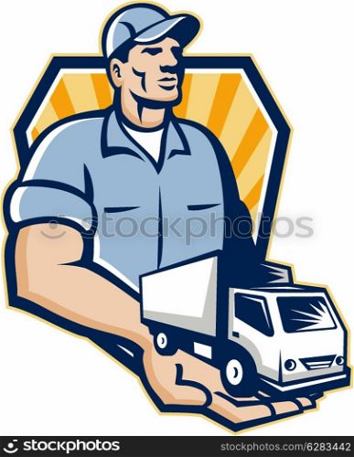 Illustration of a removal man delivery guy with moving truck van on the palm of his hand handing it over to you set inside shield circle done in retro style.. Delivery Man Handing Removal Van Crest Retro
