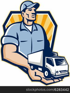 Illustration of a removal man delivery guy with moving truck van on the palm of his hand handing it over to you set inside shield circle done in retro style.. Delivery Man Handing Removal Van Crest Retro