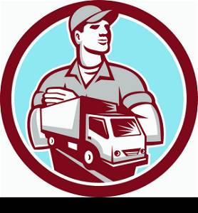 Illustration of a removal man delivery guy with moving truck van set inside circle on isolated background done in retro style.. Removal Man Moving Delivery Van Circle Retro