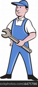 Illustration of a repairman handyman worker standing wearing hat and overalls holding spanner wrench looking to the side viewed from front set on isolated white background done in cartoon style. . Repairman Holding Spanner Cartoon
