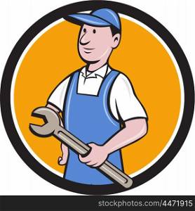 Illustration of a repairman handyman worker wearing hat and overalls holding spanner wrench looking to the side viewed from front set inside circle done in cartoon style. . Repairman Holding Spanner Circle Cartoon