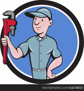 Illustration of a repairman handyman worker wearing hat carrying holding monkey wrench looking to the side viewed from front set inside circle done in cartoon style. . Handyman Monkey Wrench Circle Cartoon