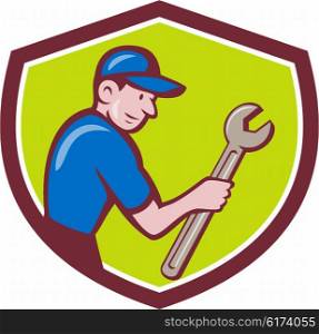 Illustration of a repairman handyman worker wearing hat carrying spanner wrench looking to the side set inside shield crest done in cartoon style. . Handyman Holding Spanner Crest Cartoon