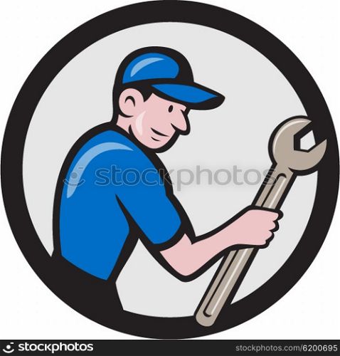 Illustration of a repairman handyman worker wearing hat carrying spanner wrench viewed from the side set inside circle done in cartoon style. . Handyman Holding Spanner Circle Cartoon