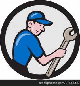 Illustration of a repairman handyman worker wearing hat carrying spanner wrench viewed from the side set inside circle done in cartoon style. . Handyman Holding Spanner Circle Cartoon