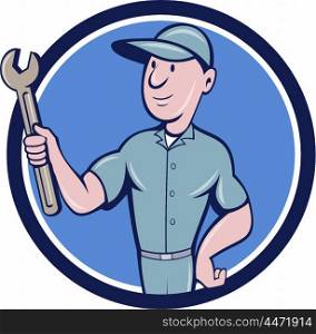 Illustration of a repairman handyman worker wearing hat holding spanner wrench looking to the side set inside circle done in cartoon style. . Handyman Holding Spanner Circle Cartoon
