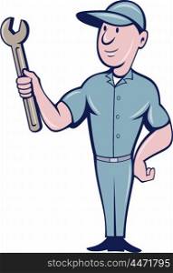 Illustration of a repairman handyman worker wearing hat standing holding spanner wrench looking to the side set on isolated white background done in cartoon style. . Handyman Holding Spanner Cartoon